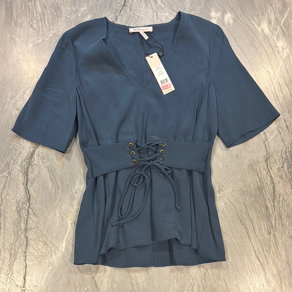 BCBGeneration Tie Front Peplum Blouse in Blue